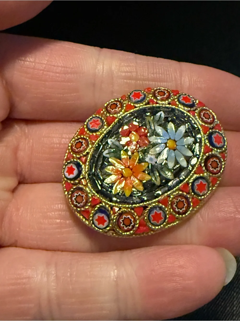 Vintage Handmade Italian Micro Mosaic Floral Brooch